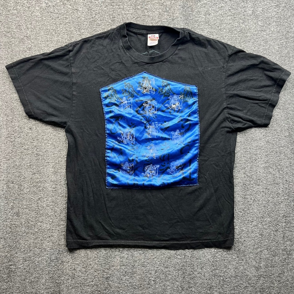 Intex T-Shirt Mens L Black Blue Satin Patch Graphic Heavy Weight Cotton Tee